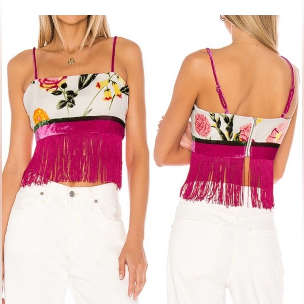 REVOLVE NBD Alaina Crop Top with Fringe Detail in Hot Pink & Ivory Size XS NWT
